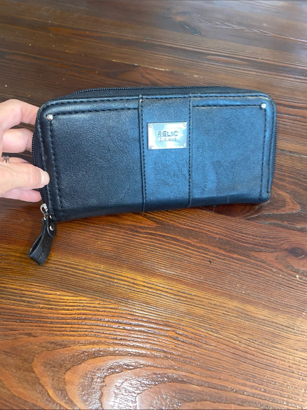 Relic Black Leather Zip Wallet with Silver Plate